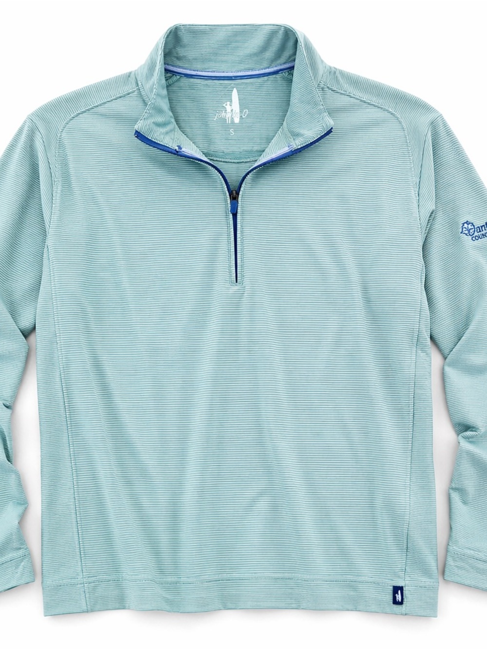 Johnnie-O quarter zip pullover in a soft blue/teal micro-stripe pattern